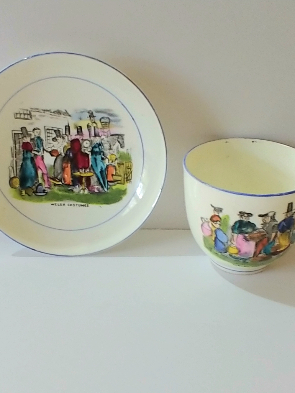 Vintage Illustrated Ceramic Teacup and Saucer Set in White with Blue Trim